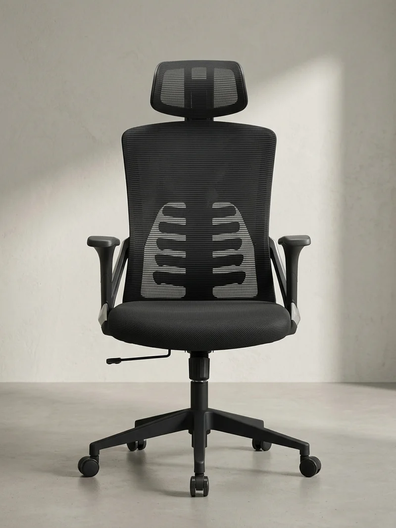 Bürodrehstuhl Schwarz Mesh mit Wippmechanik, Kopfstütze und 4-fach Lordosenstütze