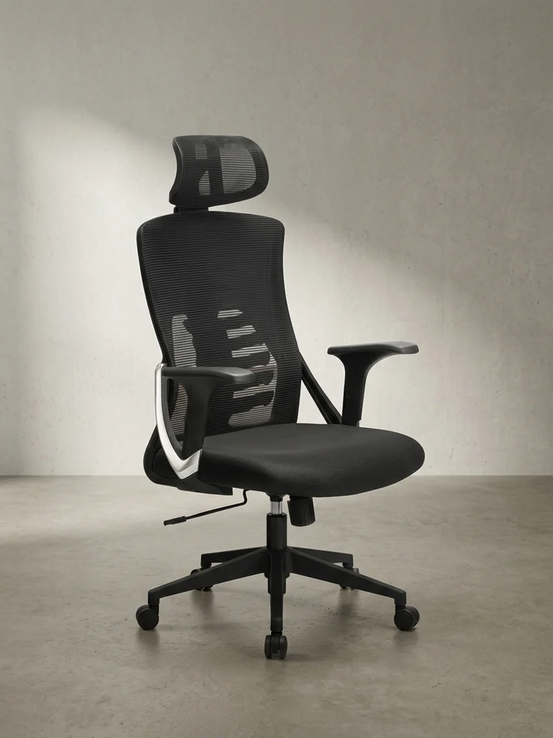 Bürodrehstuhl Schwarz Mesh mit Wippmechanik, Kopfstütze und 4-fach Lordosenstütze