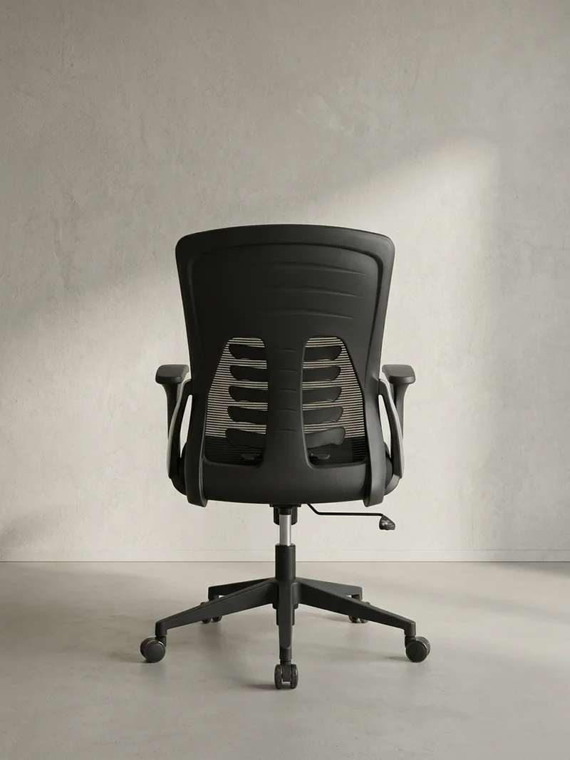 Bürodrehstuhl Schwarz Mesh mit Wippmechanik, 4-fach Lordosenstütze und Höhenverstellung