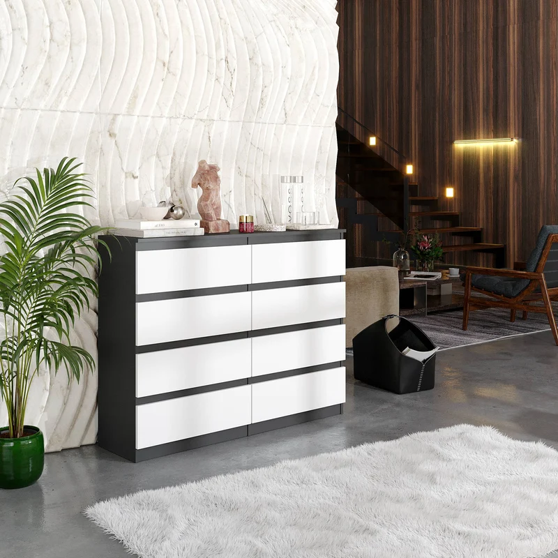 GABRIEL - Kommode / Sideboard mit 8 Schubladen - Anthrazit / Weiß Matt H92cm B120cm T33cm