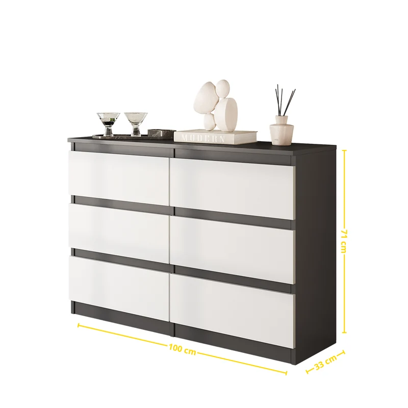 GABRIEL - Kommode / Sideboard mit 6 Schubladen - Anthrazit / Weiß Matt H71cm B100cm TD33cm