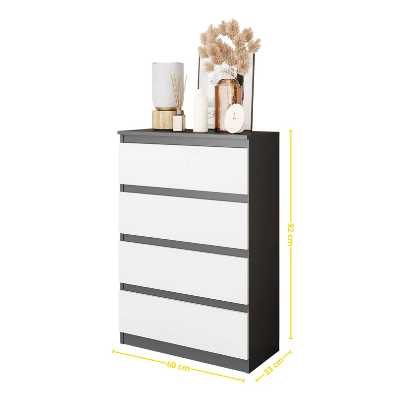 GABRIEL - Kommode / Sideboard mit 4 Schubladen - Anthrazit / Weiß Matt H92cm B60cm T33cm