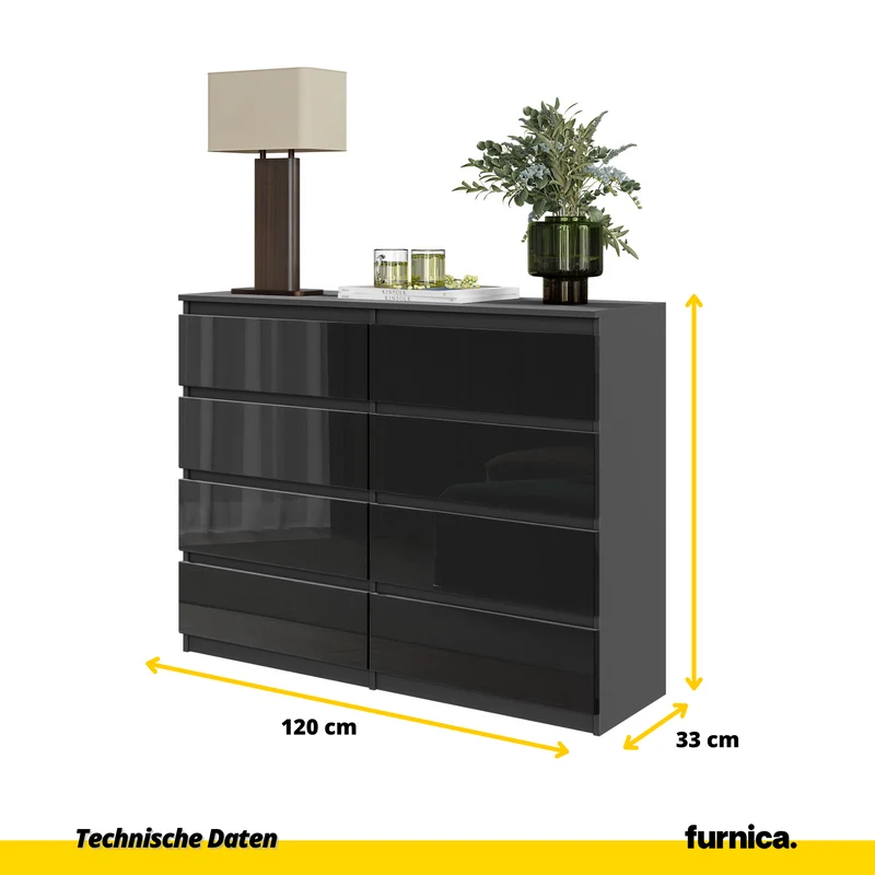 GABRIEL - Kommode / Sideboard mit 8 Schubladen - Anthrazit / Schwarz Gloss H92cm B120cm T33cm