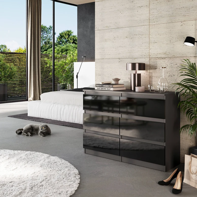 GABRIEL - Kommode / Sideboard mit 6 Schubladen - Anthrazit / Schwarz Gloss H71cm B100cm TD33cm