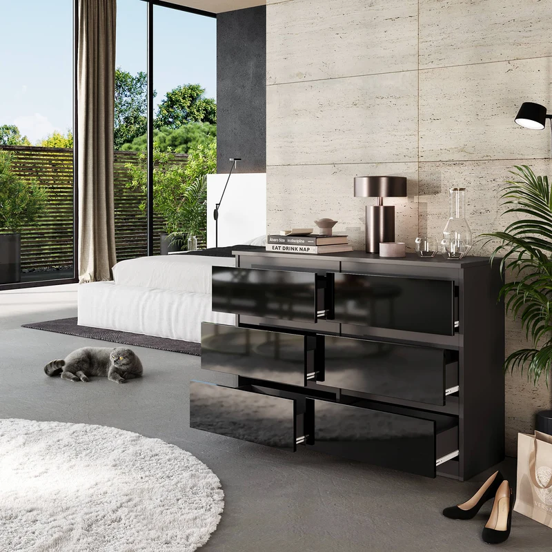 GABRIEL - Kommode / Sideboard mit 6 Schubladen - Anthrazit / Schwarz Gloss H71cm B100cm TD33cm