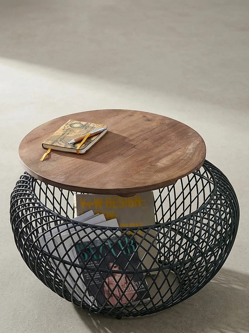 Couchtisch Rund mit Stauraum, Holz-Metallgestell, Mango-Massivholz