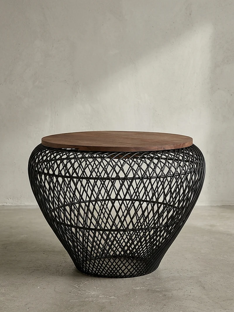 Couchtisch Rund mit Stauraum, Holz-Metallgestell, Mango-Massivholz