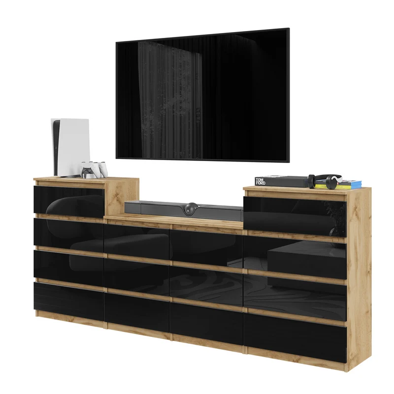 GABRIEL - Kommode / Sideboard mit 14 Schubladen (4+6+4) - Wotan Eiche / Schwarz Gloss H92/70cm B220cm T33cm