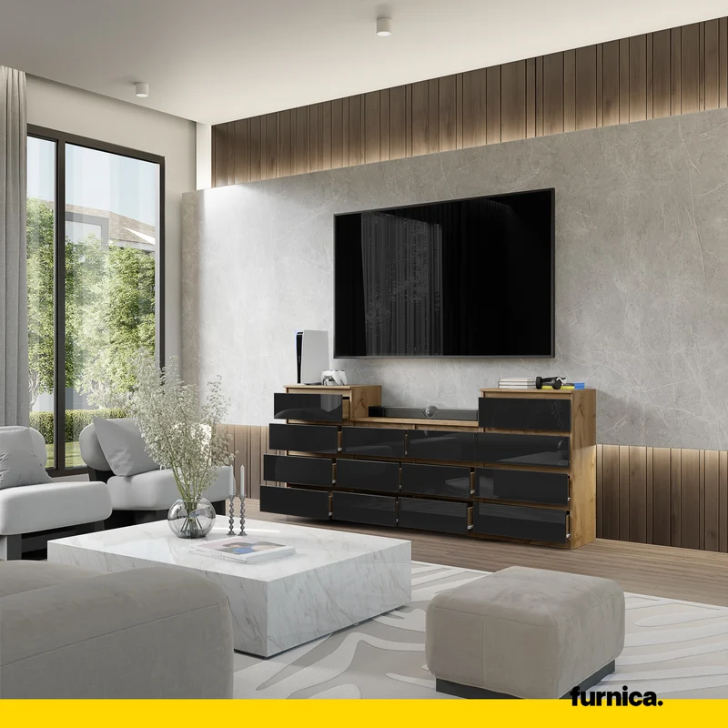 GABRIEL - Kommode / Sideboard mit 14 Schubladen (4+6+4) - Wotan Eiche / Schwarz Gloss H92/70cm B220cm T33cm