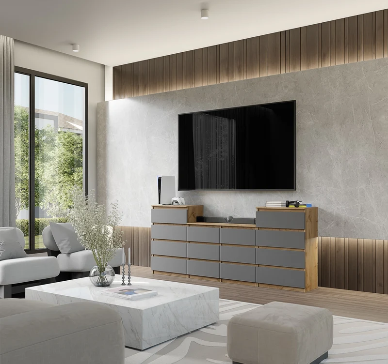 GABRIEL - Kommode / Sideboard mit 14 Schubladen (4+6+4) - Wotan Eiche / Anthrazit H92/70cm B220cm T33cm