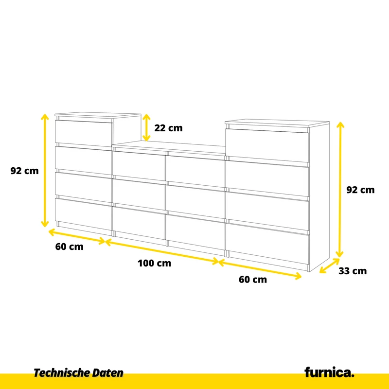 GABRIEL - Kommode / Sideboard mit 14 Schubladen (4+6+4) - Wotan Eiche / Weiß Matt H92/70cm B220cm T33cm