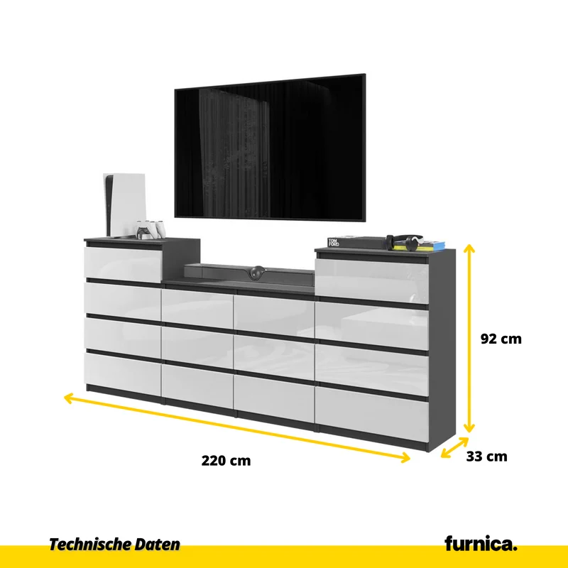 GABRIEL - Kommode / Sideboard mit 14 Schubladen (4+6+4) - Anthrazit / Weiß Gloss H92/70cm B220cm T33cm