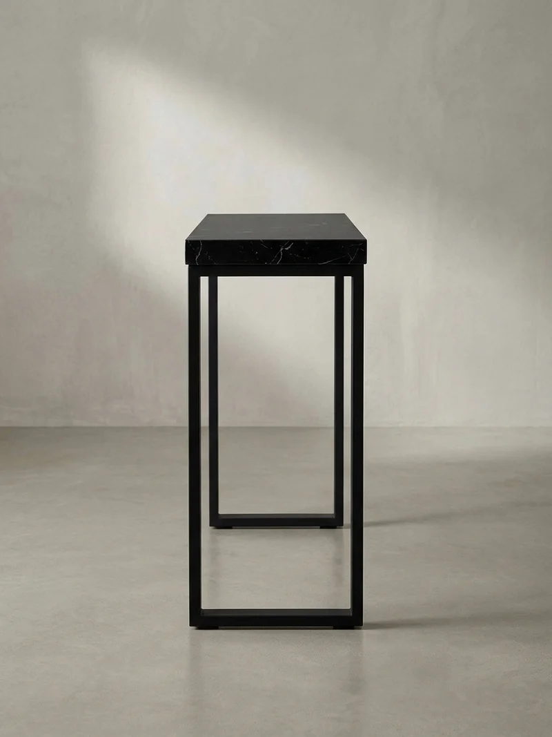 Konsolentisch – Marmoroptik Schwarz, 120x40x76 cm, Hochglanz, Metallbeine