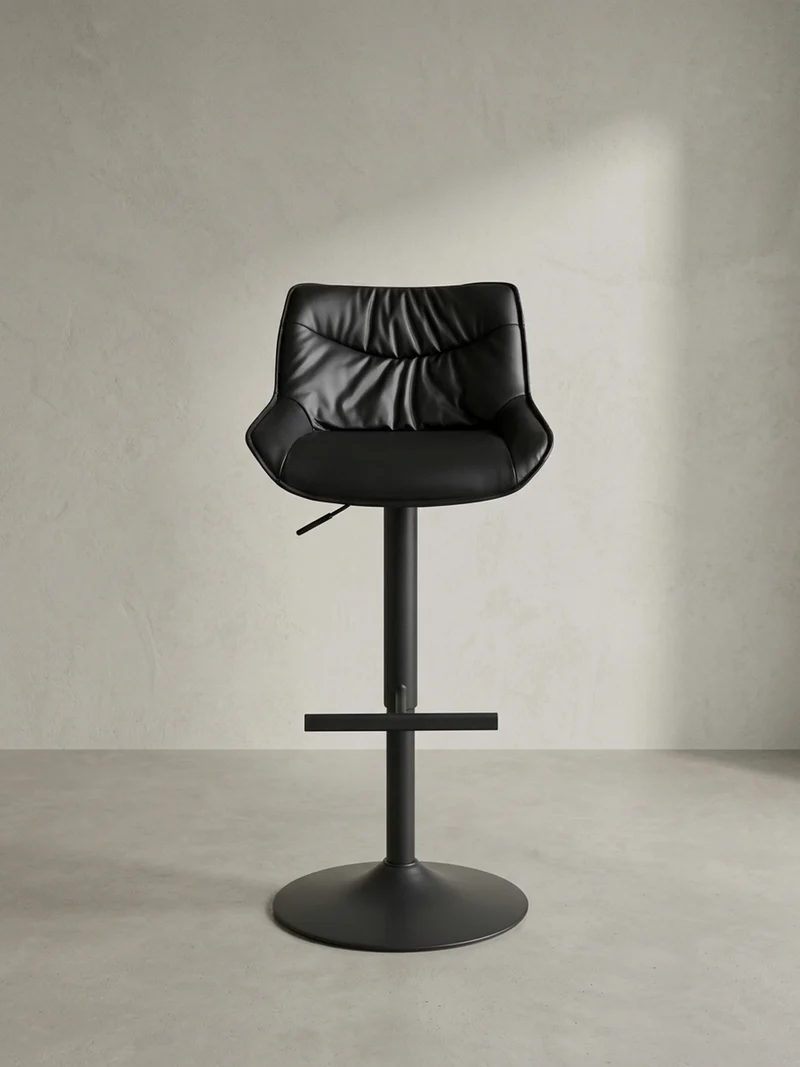 Barhocker – Kunstleder Schwarz, Rückenlehne, höhenverstellbar 86–106 cm, Trompetenfuß, 100 kg