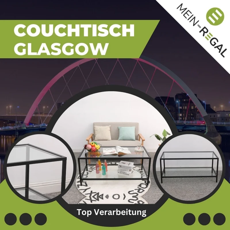 Mein-Regal Couchtisch Glasgow aus Metall mit Glasoberfläche und Ablagefach