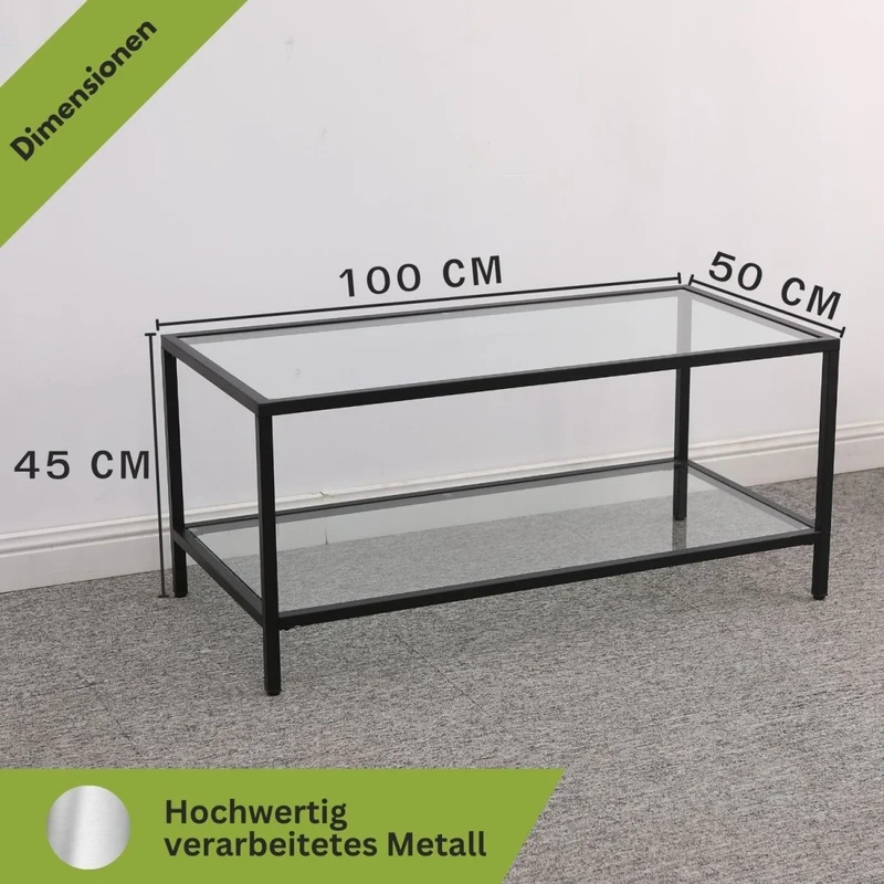 Mein-Regal Couchtisch Glasgow aus Metall mit Glasoberfläche und Ablagefach