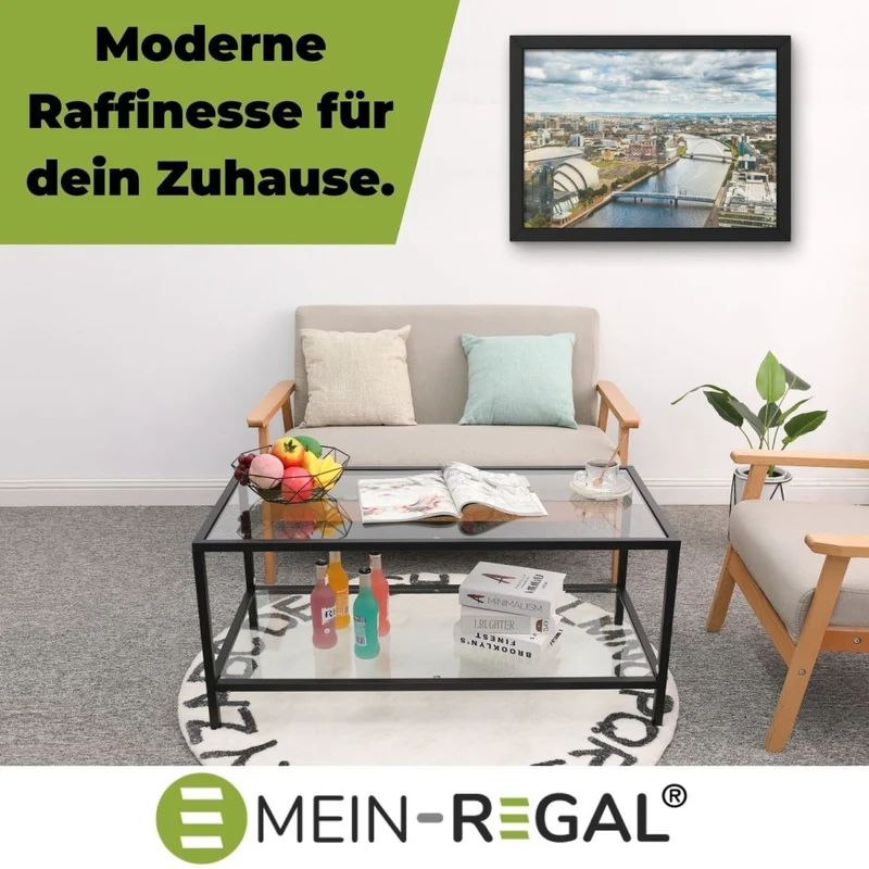 Mein-Regal Couchtisch Glasgow aus Metall mit Glasoberfläche und Ablagefach