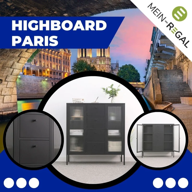 Mein-Regal Highboard Paris aus Metall mit 4 Schubladen und Glastüren