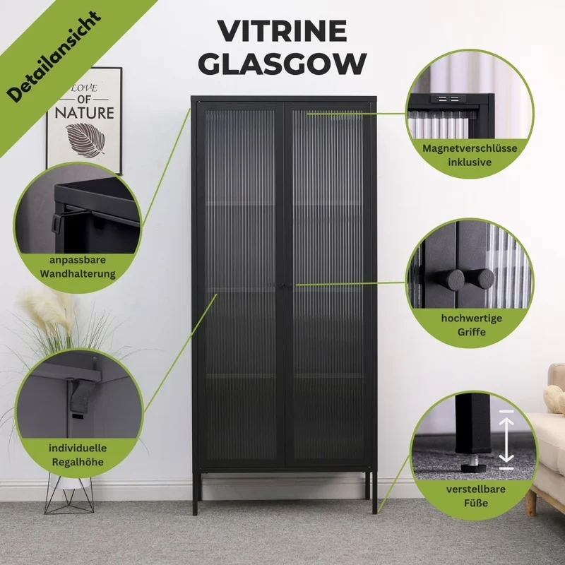 Mein-Regal Vitrine Glasgow aus Metall mit Glastüren
