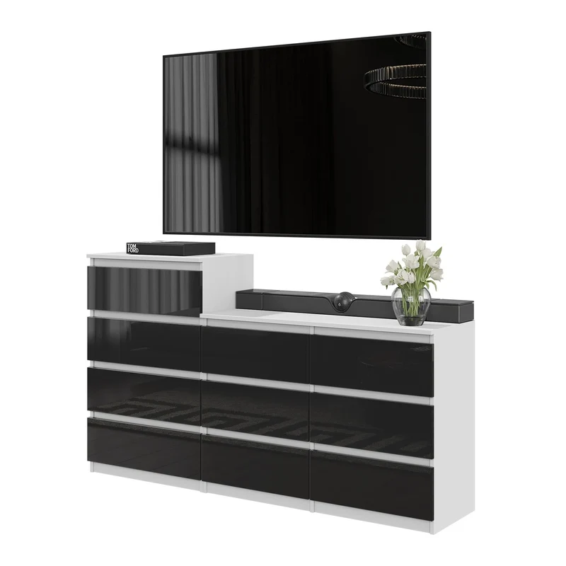 Kommode / Sideboard mit 10 Schubladen (6+4) - Weiß Matt / Schwarz Gloss H92/70cm W160cm D33cm
