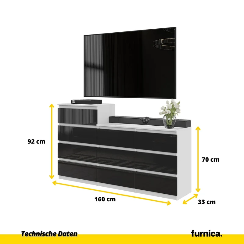 Kommode / Sideboard mit 10 Schubladen (6+4) - Weiß Matt / Schwarz Gloss H92/70cm W160cm D33cm