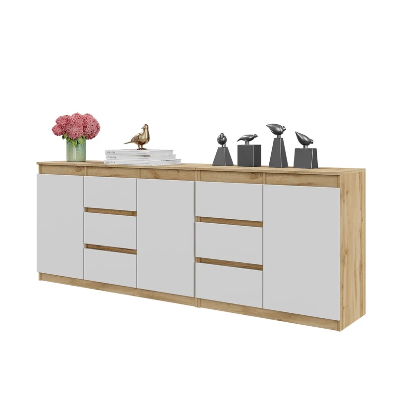 MIKEL - Kommode mit 6 Schubladen und 3 Türen - Schlafzimmer Kommode Aufbewahrung Schrank Sideboard - Wotan Eiche / Weiß Matt H75cm B200cm T35cm