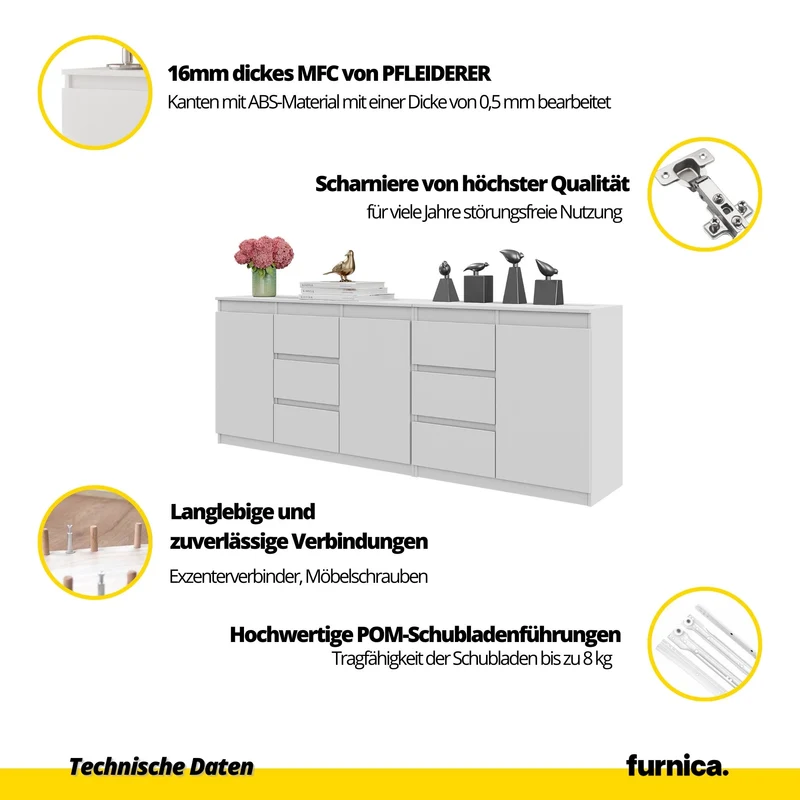 MIKEL - Kommode mit 6 Schubladen und 3 Türen - Schlafzimmer Kommode Aufbewahrung Schrank Sideboard - Wotan Eiche / Weiß Matt H75cm B200cm T35cm