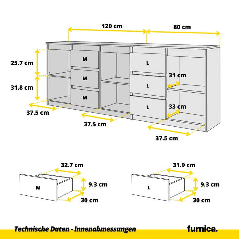 MIKEL - Kommode mit 6 Schubladen und 3 Türen - Schlafzimmer Kommode Aufbewahrung Schrank Sideboard - Wotan Eiche H75cm B200cm T35cm