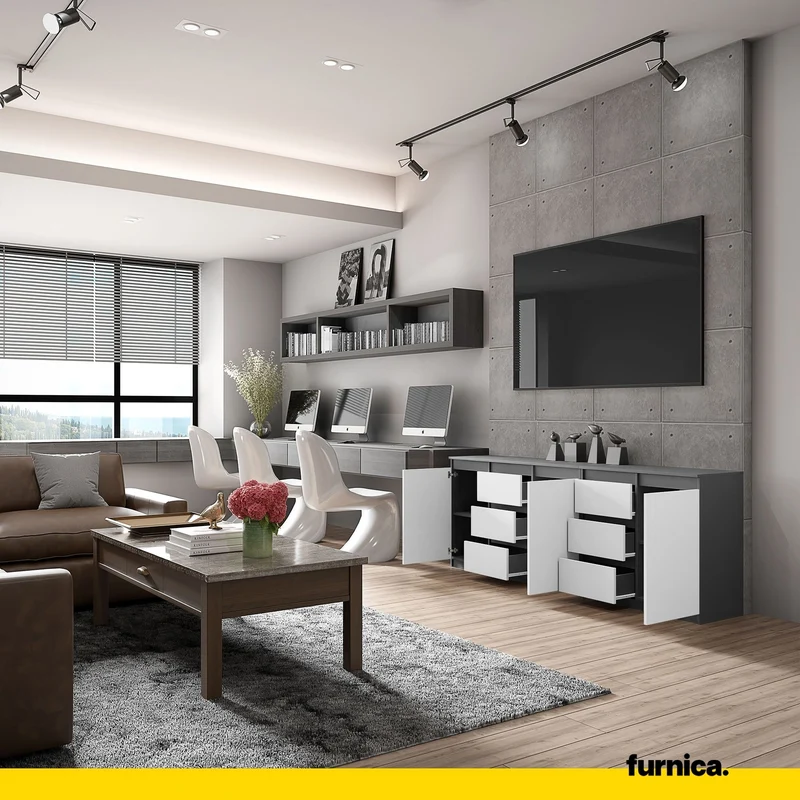 MIKEL - Kommode mit 6 Schubladen und 3 Türen - Schlafzimmer Kommode Aufbewahrungsschrank Sideboard - Anthrazit / Weiß Matt H75cm B200cm T35cm