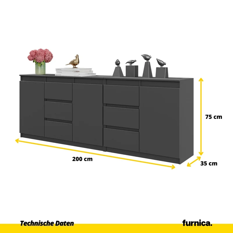MIKEL - Kommode mit 6 Schubladen und 3 Türen - Schlafzimmer Kommode Aufbewahrungsschrank Sideboard - Anthrazit H75cm B200cm T35cm
