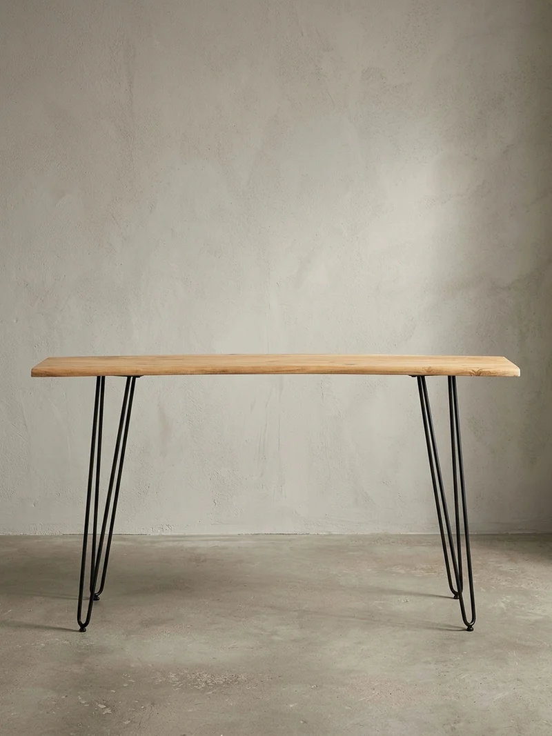 Schreibtisch – Massivholz/Metall, 150x36x75 cm, Baumkante, Haarnadelbeine