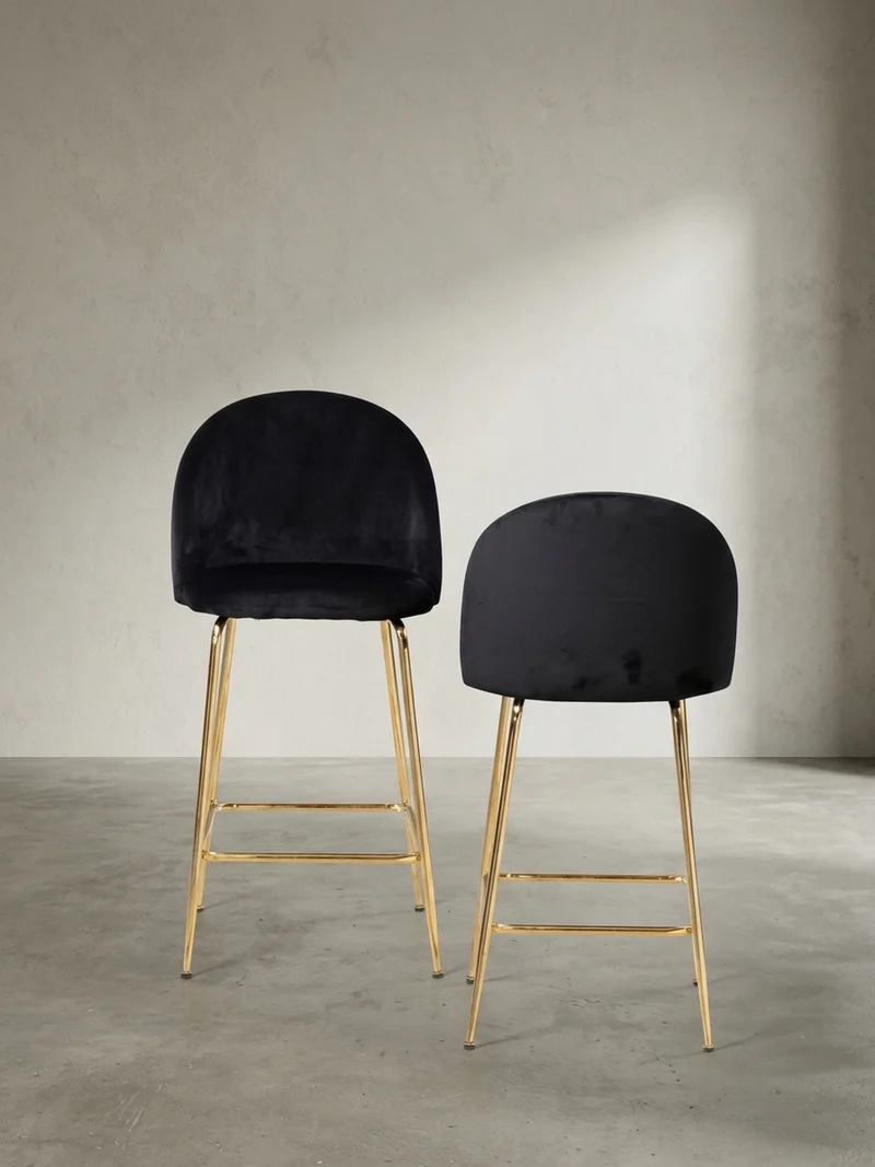 Barhocker 2er Set Samt Lehne Goldgestell Skandi-Stil Gepolstert
