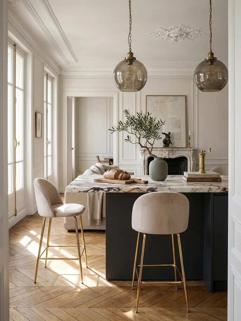 Barhocker 2er Set Samt Lehne Goldgestell Skandi-Stil Gepolstert