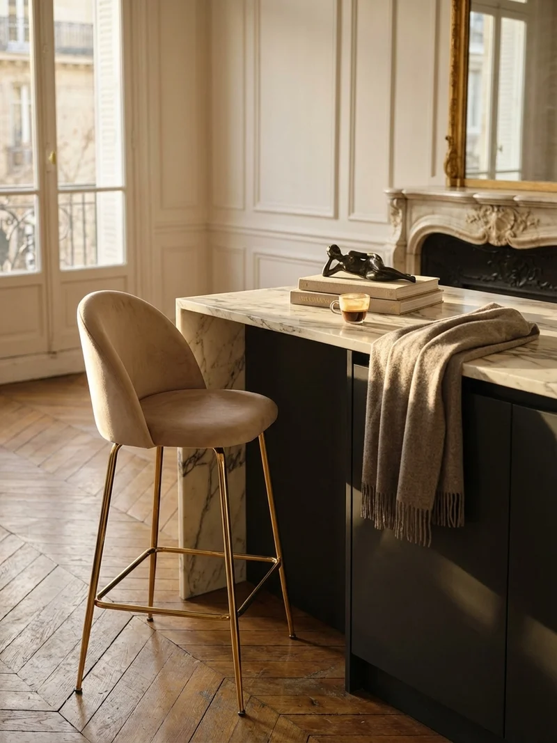 Barhocker 2er Set Samt Lehne Goldgestell Skandi-Stil Gepolstert