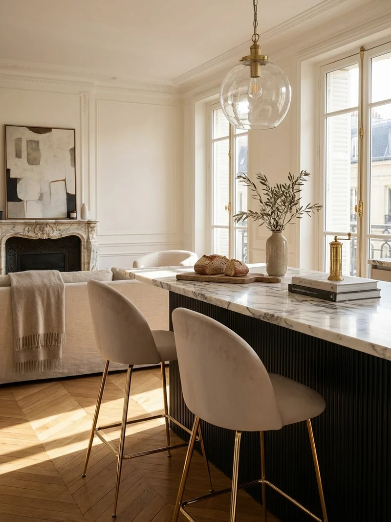 Barhocker 2er Set Samt Lehne Goldgestell Skandi-Stil Gepolstert