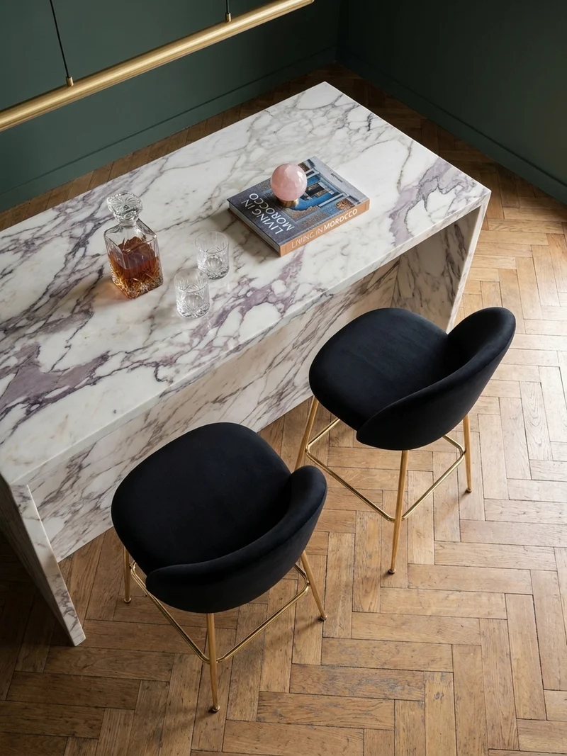 Barhocker 2er Set Samt Lehne Goldgestell Skandi-Stil Gepolstert
