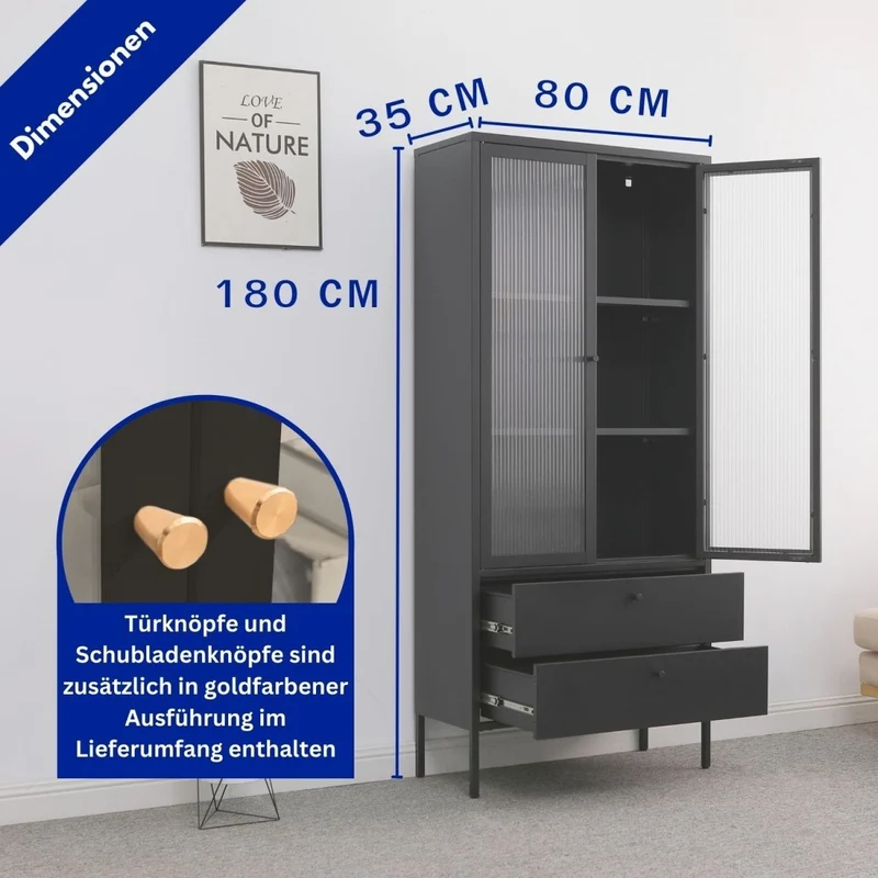 Mein-Regal Vitrine Paris aus Metall mit 2 Schubladen und 2 Glastüren