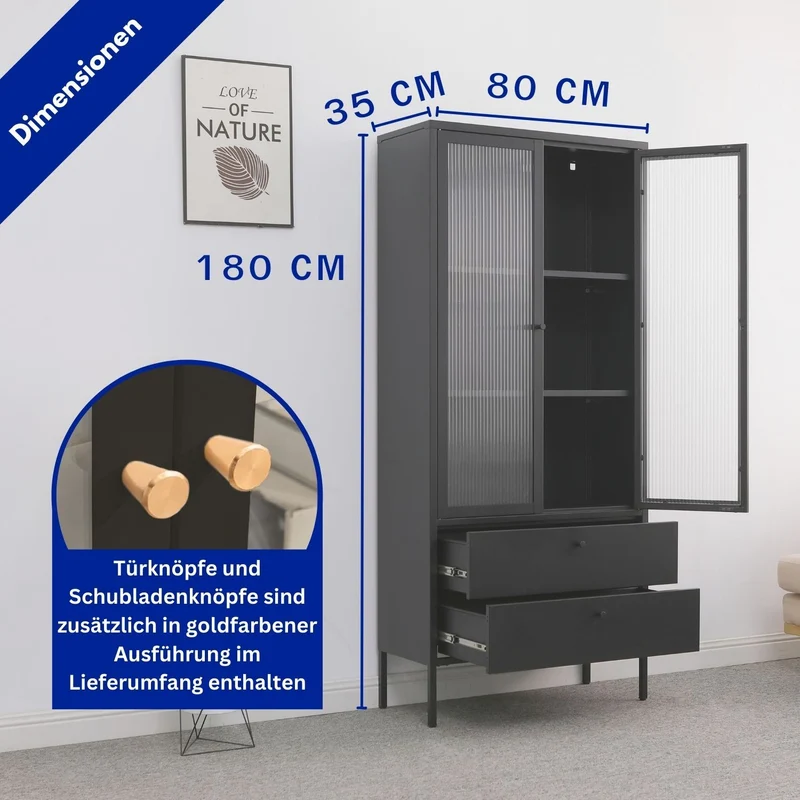 Mein-Regal Vitrine Paris aus Metall mit 2 Schubladen und 2 Glastüren