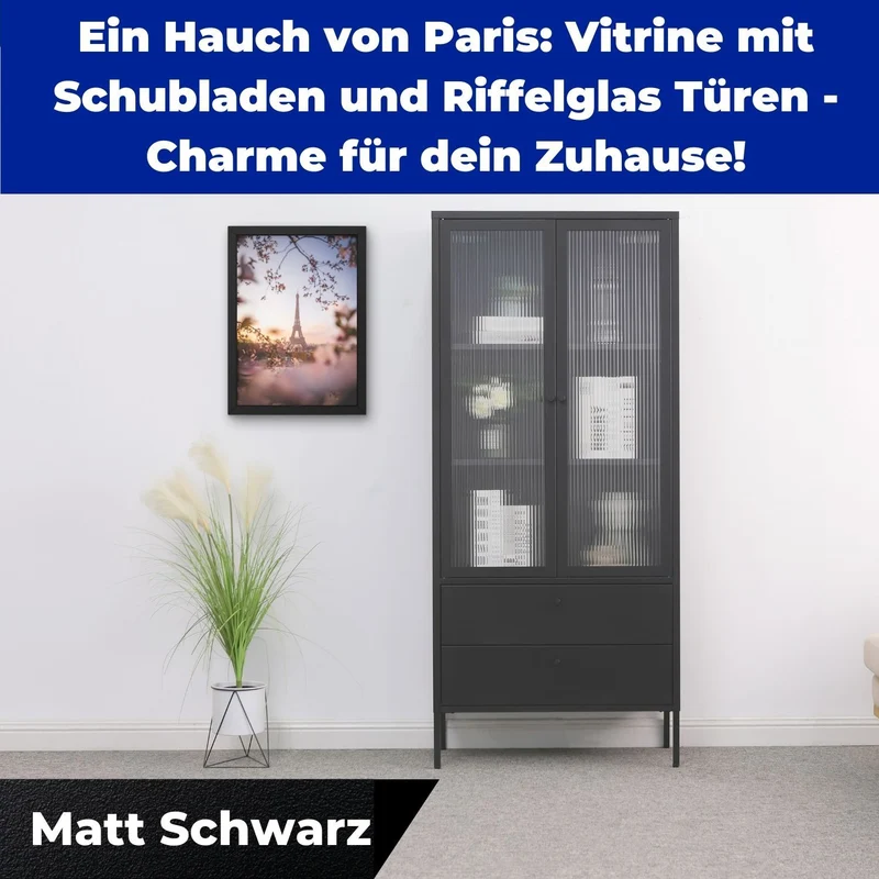 Mein-Regal Vitrine Paris aus Metall mit 2 Schubladen und 2 Glastüren