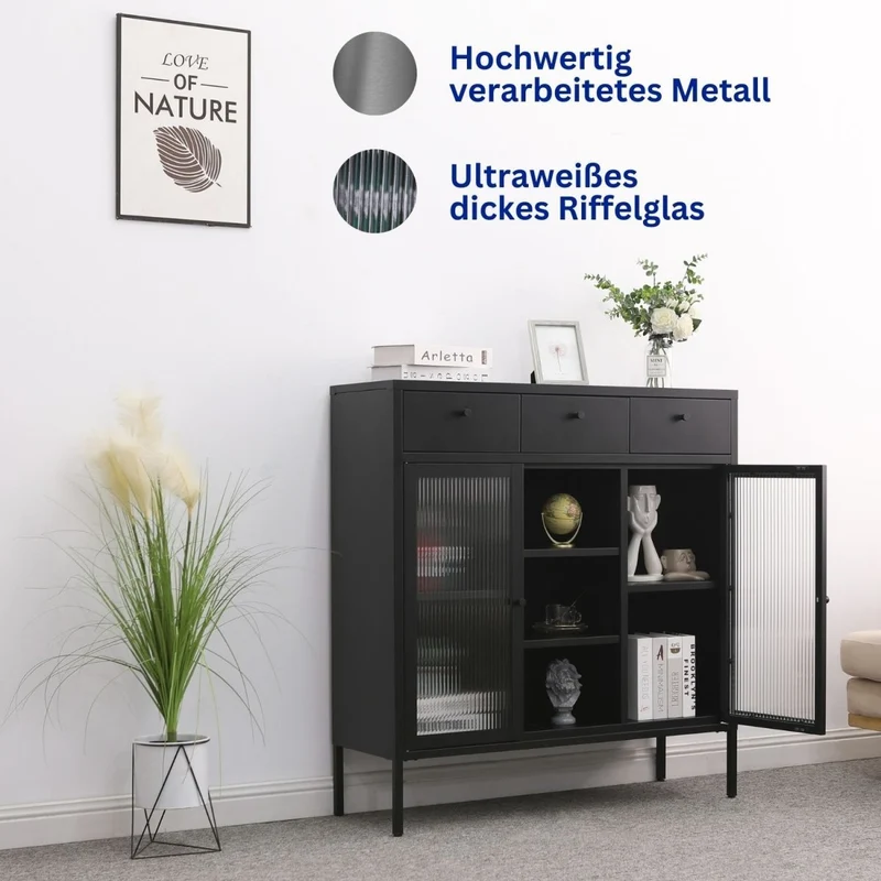 Mein-Regal Kommode Paris aus Metall mit 3 Schubladen, 3 Fächern und Glastüren