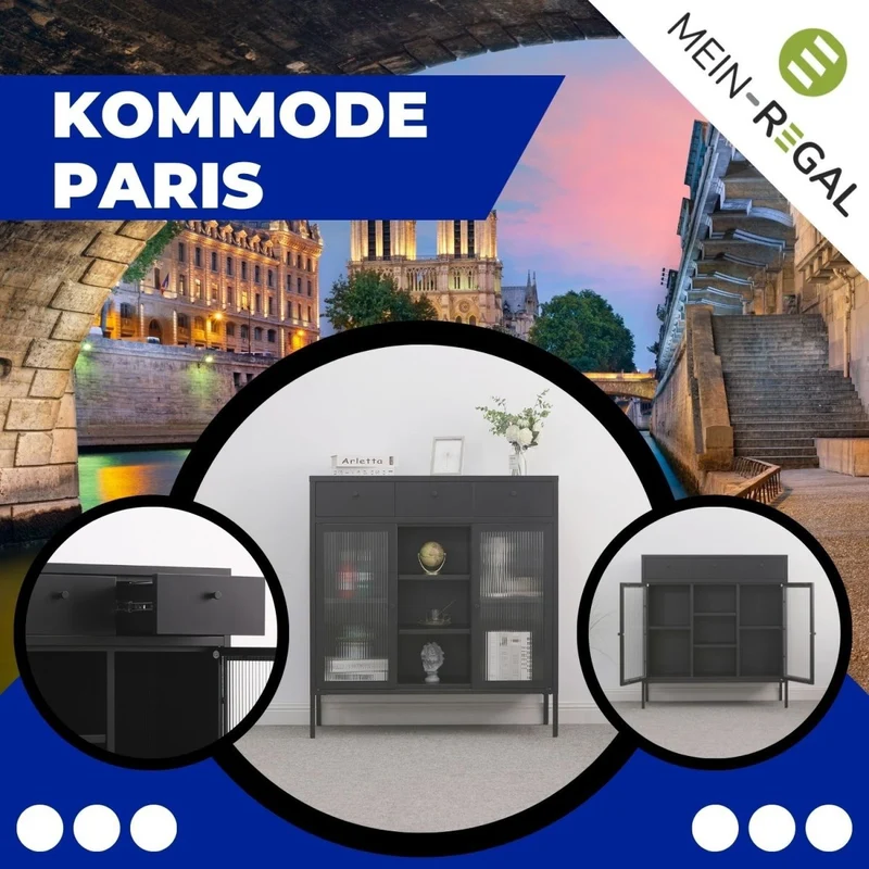 Mein-Regal Kommode Paris aus Metall mit 3 Schubladen, 3 Fächern und Glastüren