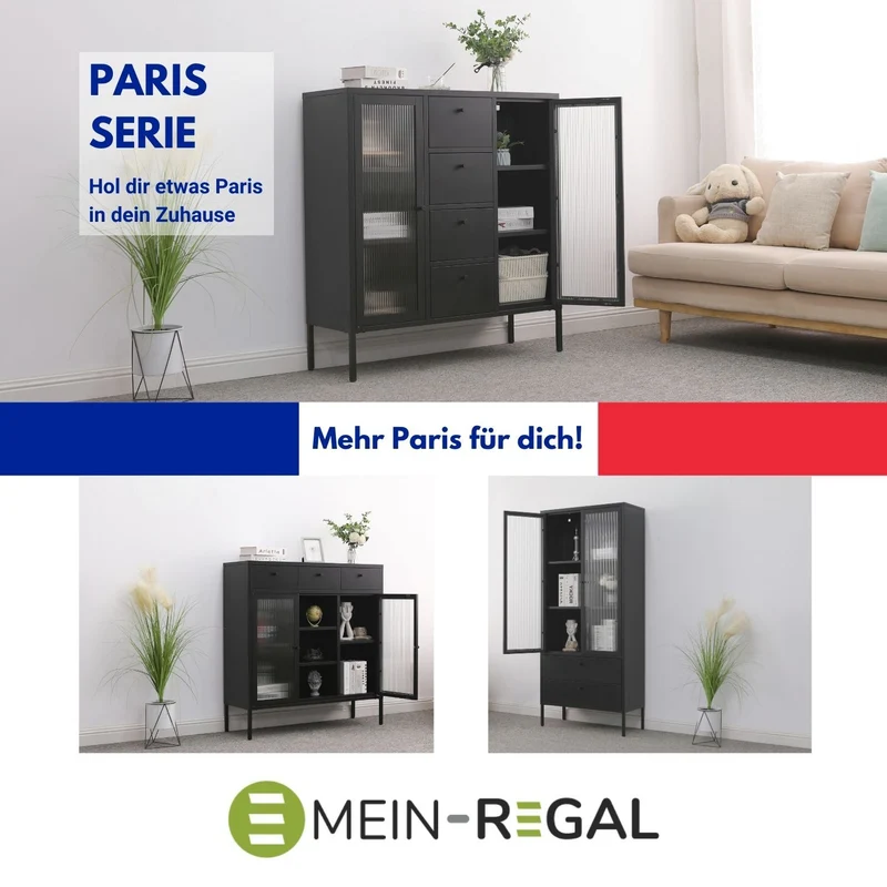 Mein-Regal Kommode Paris aus Metall mit 3 Schubladen, 3 Fächern und Glastüren