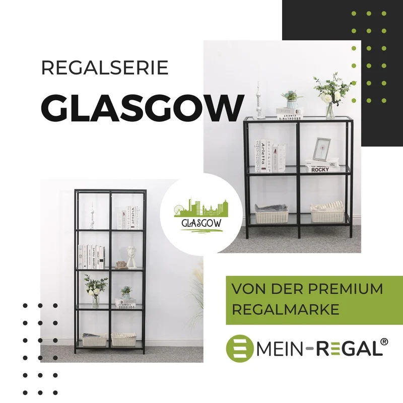 Mein-Regal Regal Glasgow aus Metall mit Glaseinlegeboden und 2 Etagen