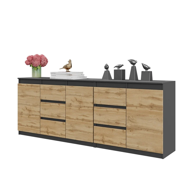 MIKEL - Kommode mit 6 Schubladen und 3 Türen - Schlafzimmer Kommode Aufbewahrungsschrank Sideboard - Anthrazit / Wotan Eiche H75cm B200cm T35cm