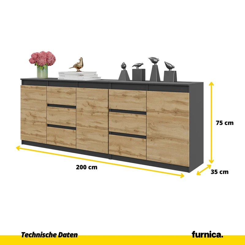 MIKEL - Kommode mit 6 Schubladen und 3 Türen - Schlafzimmer Kommode Aufbewahrungsschrank Sideboard - Anthrazit / Wotan Eiche H75cm B200cm T35cm