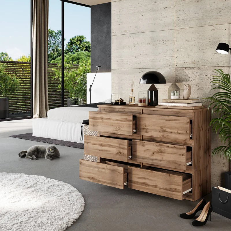 GABRIEL - Kommode / Sideboard mit 6 Schubladen - Wotan Eiche H71cm B100cm T33cm