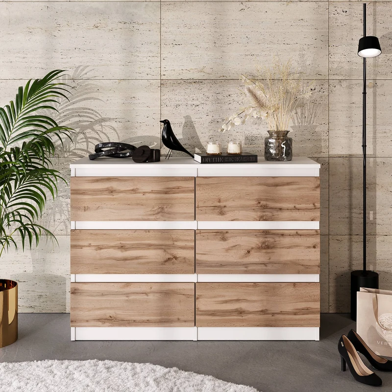 GABRIEL - Kommode / Sideboard mit 6 Schubladen - Weiß Matt / Wotan Eiche H71cm B100cm T33cm