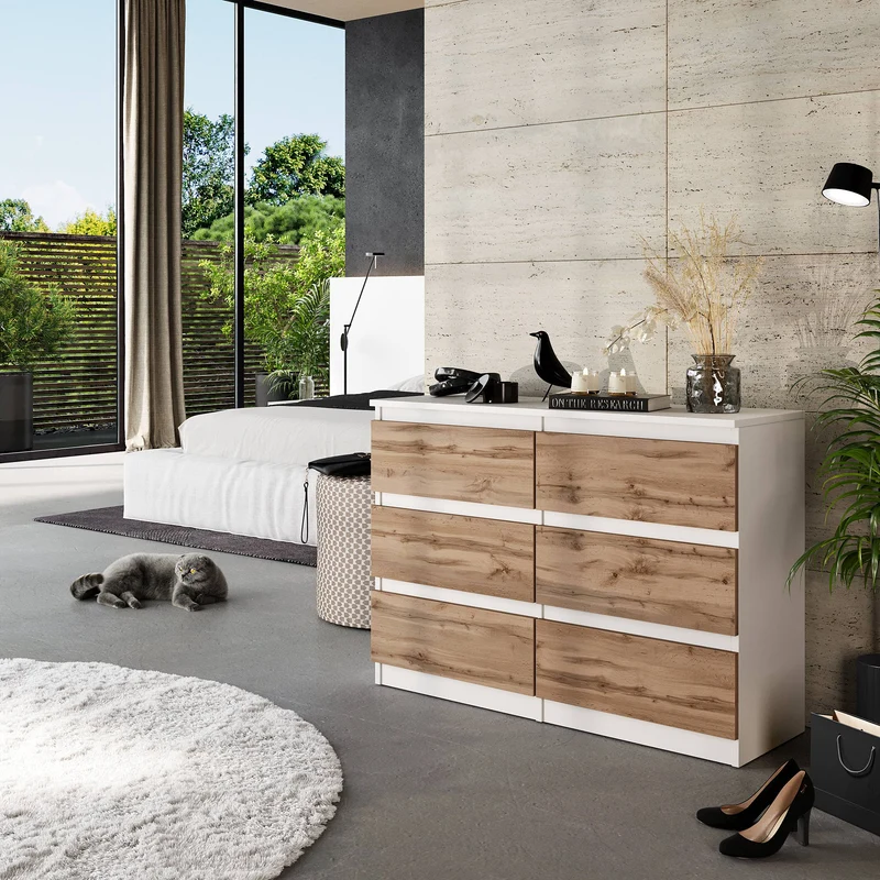 GABRIEL - Kommode / Sideboard mit 6 Schubladen - Weiß Matt / Wotan Eiche H71cm B100cm T33cm
