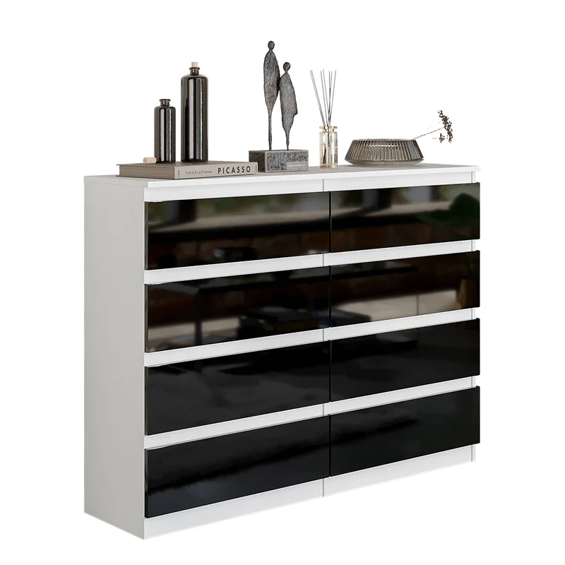 GABRIEL - Kommode / Sideboard mit 8 Schubladen - Weiß Matt / Schwarz Gloss H92cm W120cm D33cm