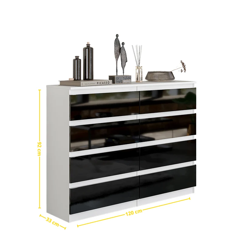 GABRIEL - Kommode / Sideboard mit 8 Schubladen - Weiß Matt / Schwarz Gloss H92cm W120cm D33cm